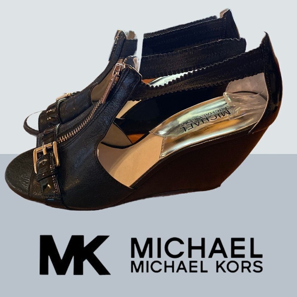 Michael Kors Black Wedge Zipper Buckle Sandals 6.5